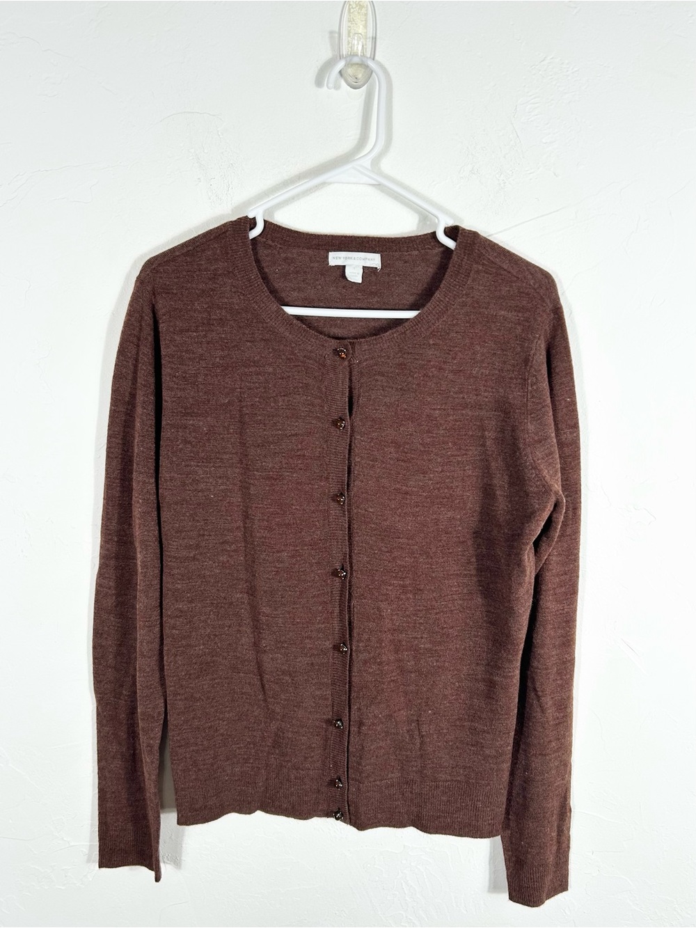 New York & Company Women's Large Brown Crewneck Button Front Cardigan Sweater L